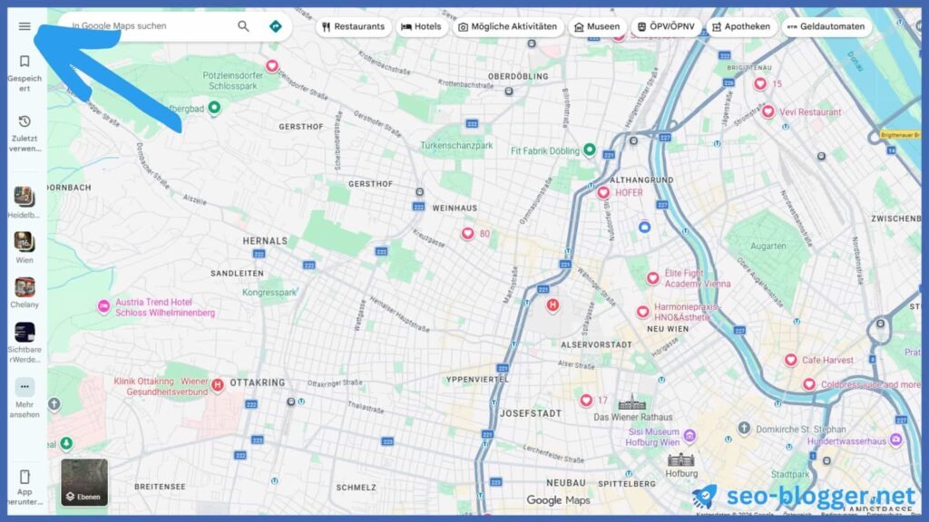 Markiert ist das Burger-Menü in Google Maps.