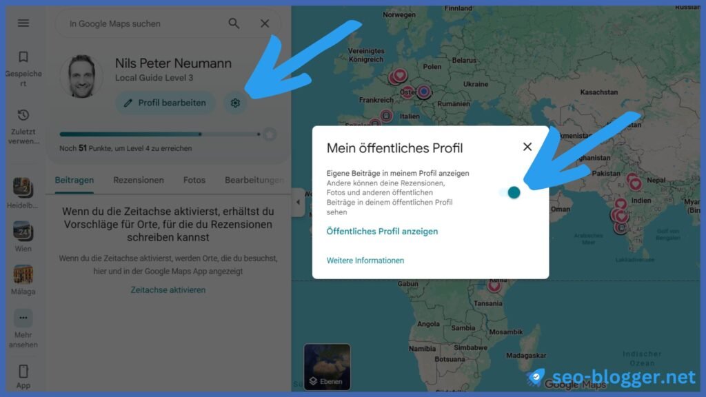 Markiert ist das Zahnradsymbol in einem Google Profil in Google Maps und die Auswahl "Eigene Beiträge in meinem Profil anzeigen".