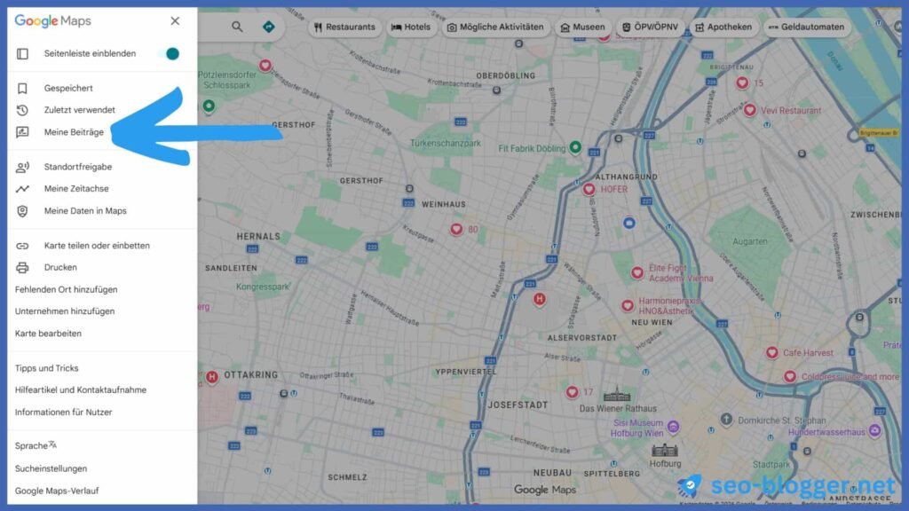 Markiert ist der Menüpunkt "Meine Beiträge" in Google Maps.