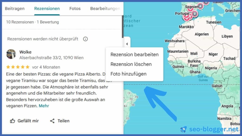 Markiert ist die Auswahl: Rezension bearbeiten, Rezension löschen, Fotos hinzufügen auf Google Maps.