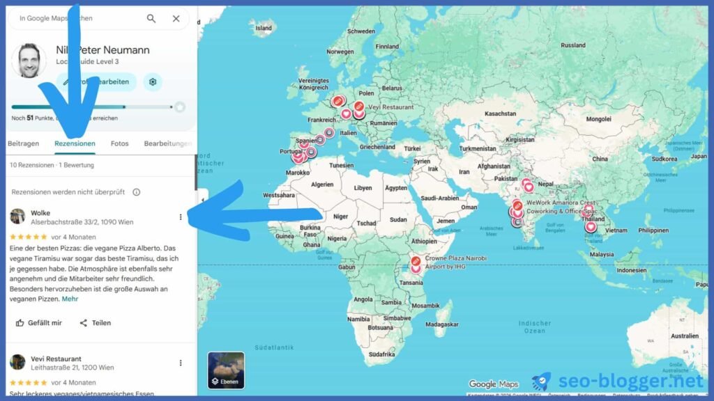 Markiert sind der Reiter Rezensionen und das Dreipunktmenü einer Rezension in Google Maps.