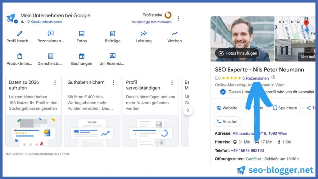 Google Untenehmensprofil Dashboard. Markiert sind die eigenen Rezensionen.