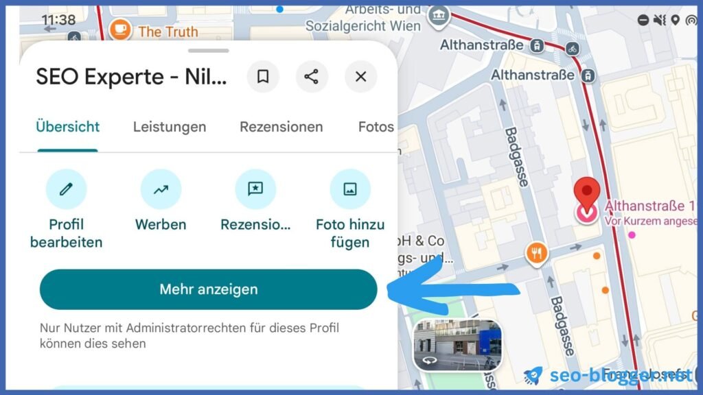 Markiert ist der Button "Mehr anzeigen" in einem Google Unternehmensprofil in der Google Maps App