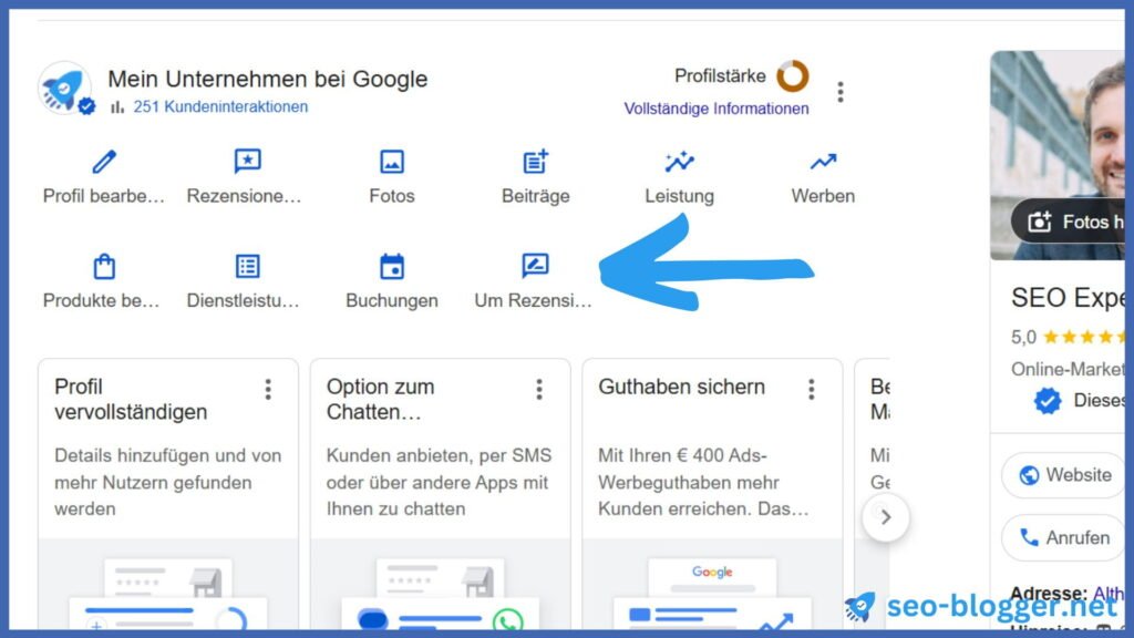 Markiert ist "Um Rezensionen bitten" im Google Unternehmensprofil