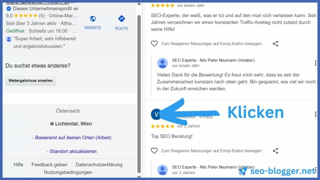 Markiert ist das Profilbild eines Nutzers, der einge Google Bewertung abgegeben hat.
