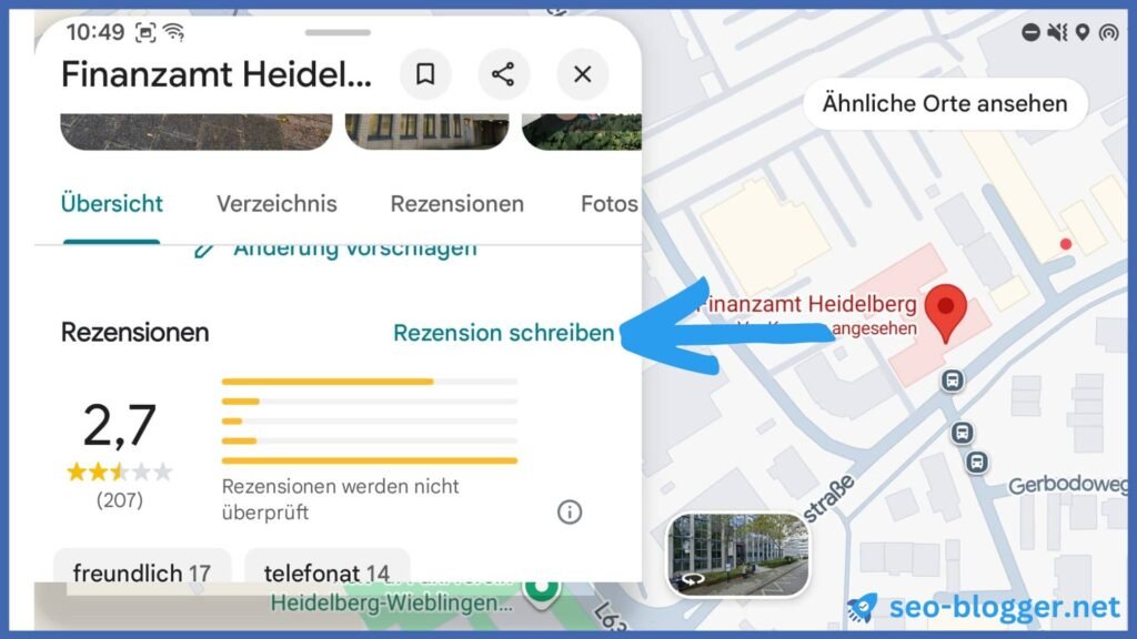 Rezensionen eines Unternehmensprofils in der Google Maps App.
