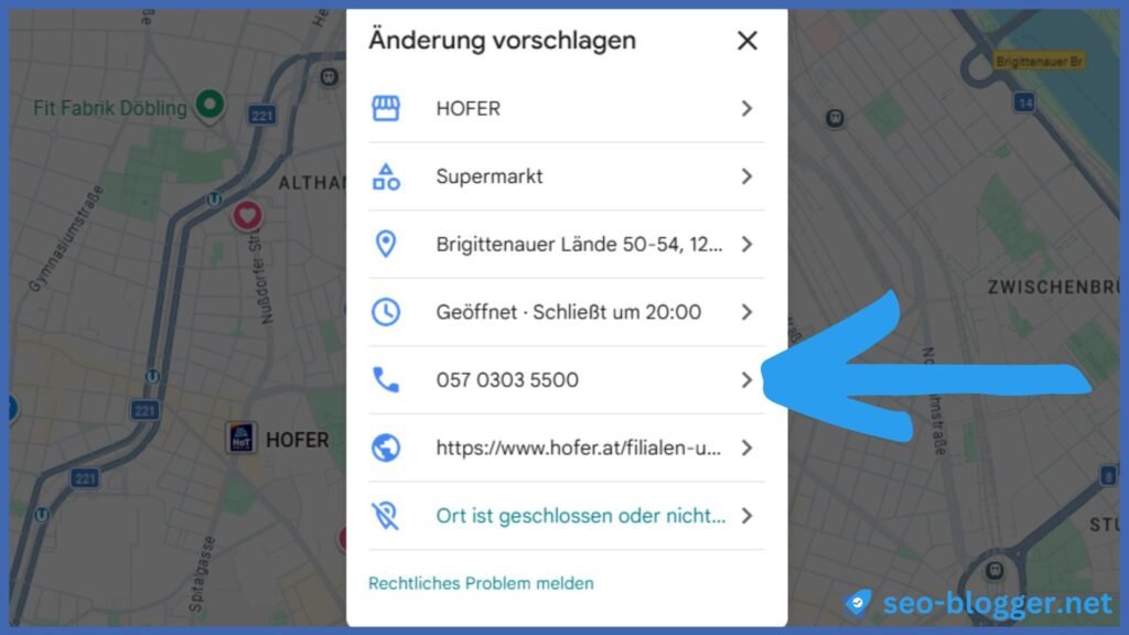 Markiert ist die Telefonnummer unter Änderung Vorschlagen.
