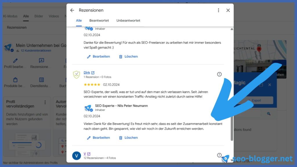 Markiert ist die Antwort auf eine Bewertung in einem Google Unternehmensprofil.