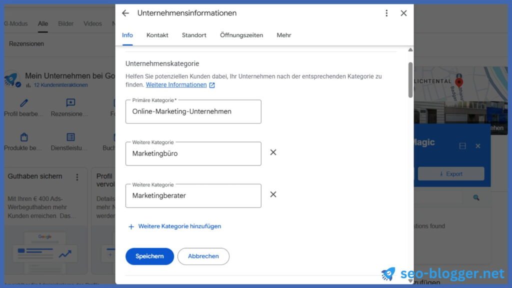 Der geöffnete bereich Unternehmenskategorien in einem Google Unternehmensprofil.