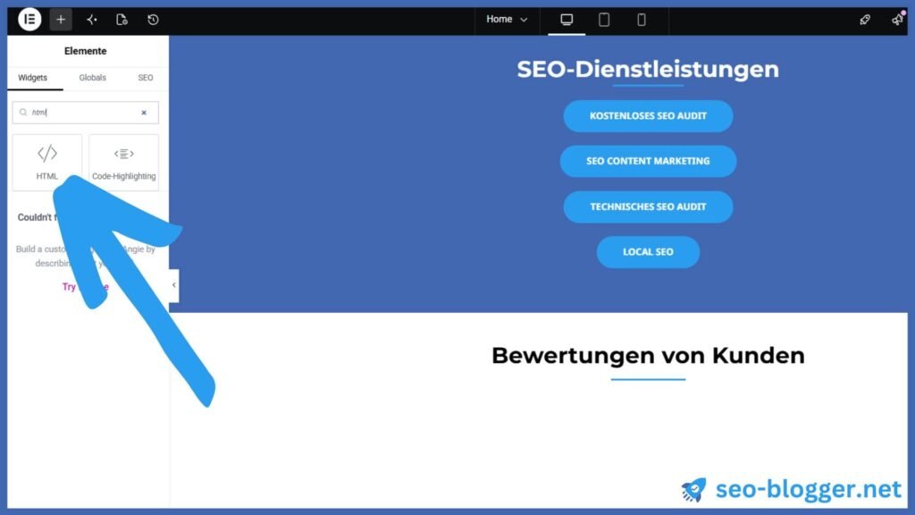 Markiert ist das HTML-Widget von Elementor.