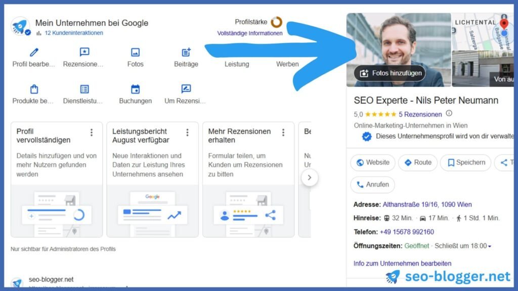Mariert ist das Titelbild eines Google Unternehmensprofils.