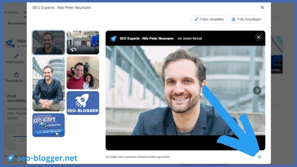Markiert ist das Symbol "Melden" unter einem Foto in einem Google Unternehmensprofil.