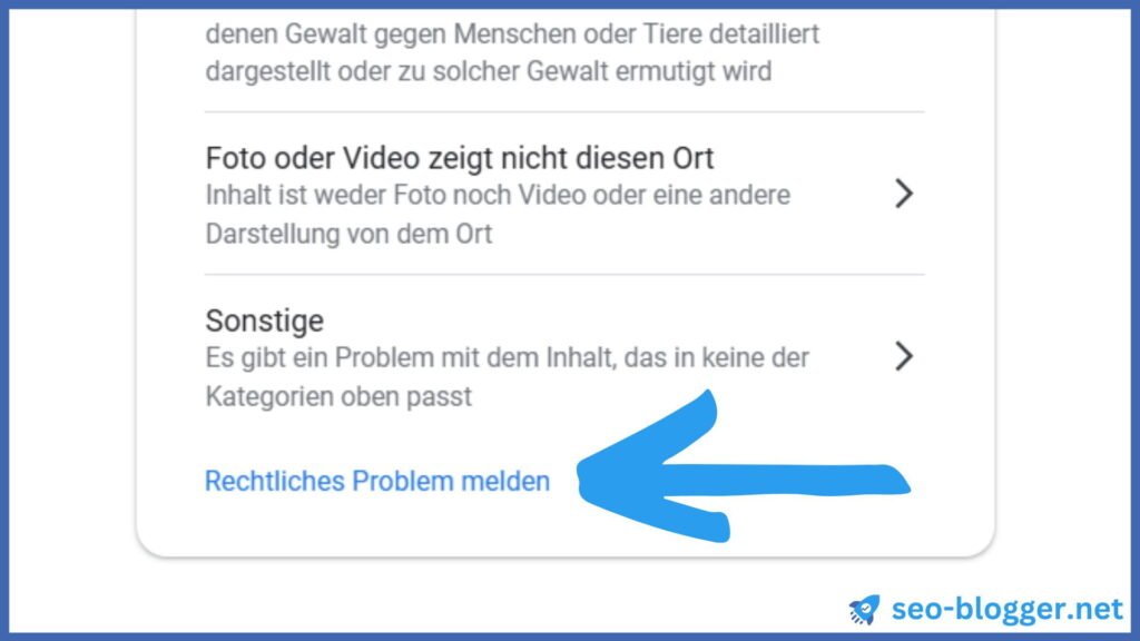 Mariert ist der Link "Rechtliches Problem melden" im Menü "Inhalt melden"