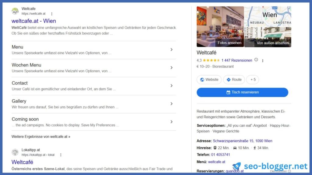 Ein Unternehmensprofil eines Restaurats mit Reservierungsfunktion.