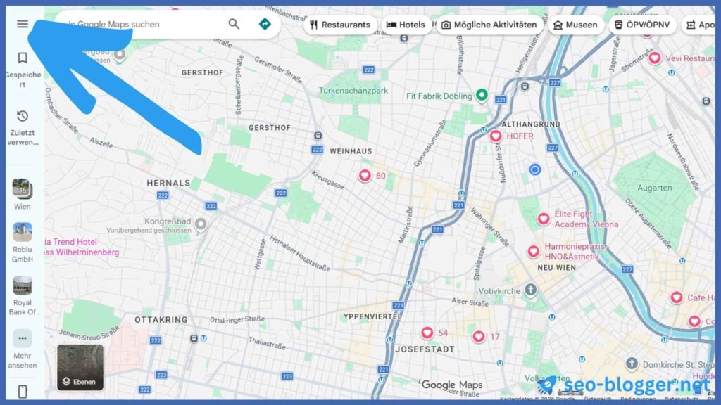 Markiert ist das Burgermenü in Google Maps.