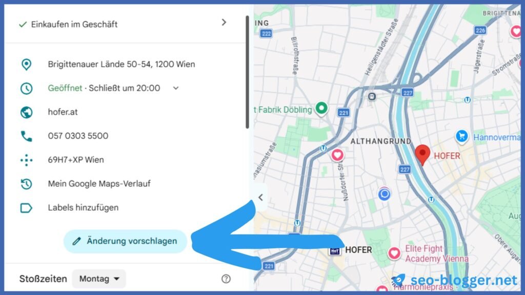 Markiert ist der Button "Änderung Vorschlagen" eines Unternehmens in Google Maps.