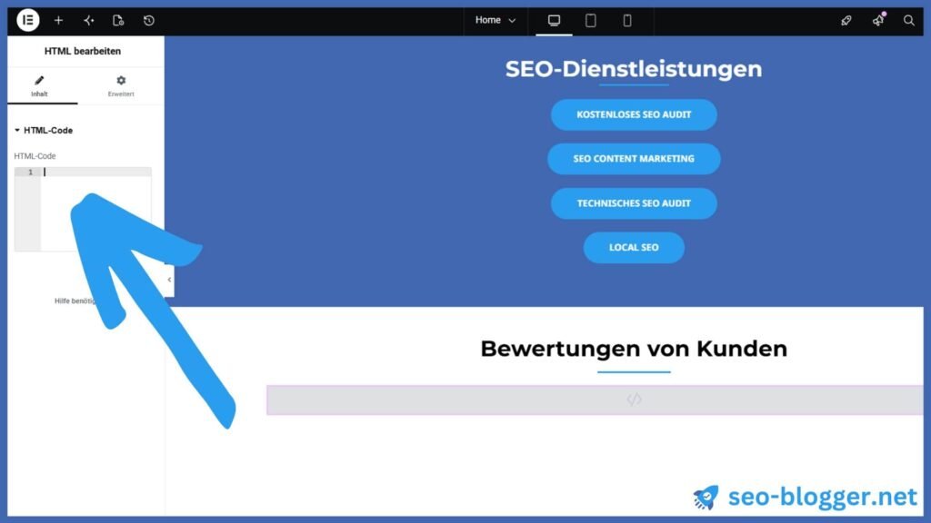Markiert ist das Eingabefeld des HTML-Widgets von Elementor.