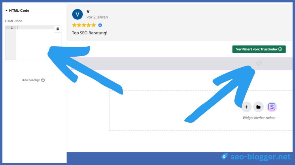 Markiert ist das im Page Builder von Elementor eingefügte HTML-Widget.