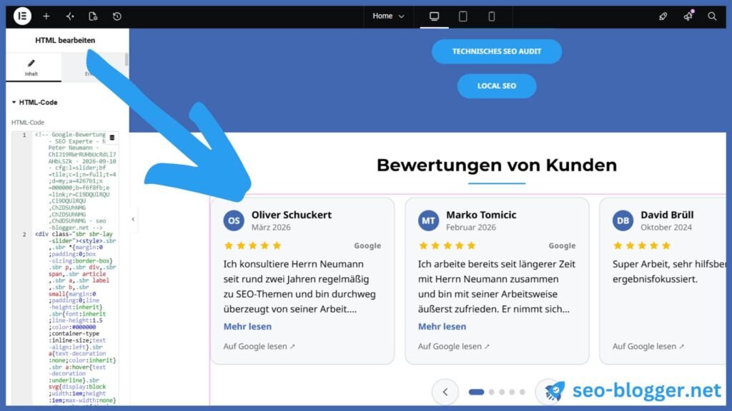 Markiert sind die eingebundenen Google Bewertungen in Elementor.