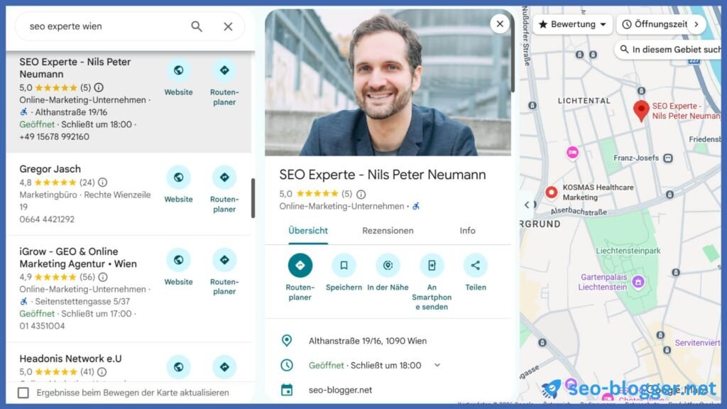 Screenshot des Google Unternehmensproifls von Nils Peter Neumann geöffnet in Google Maps.