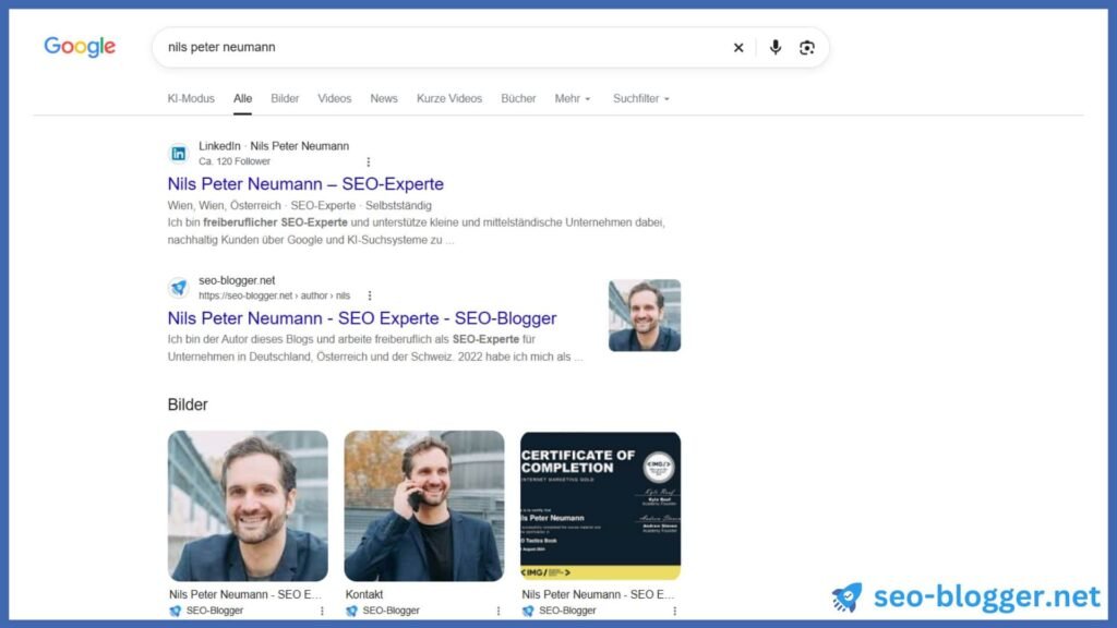 Google Ergebnisseite für den Suchbegriff "Nils Peter Neumann".