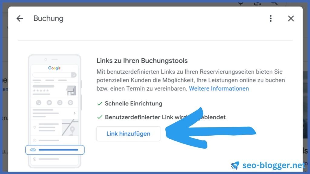 Markiert ist der Button "Link hinzufügen im Gogole Unternehmensprofil"