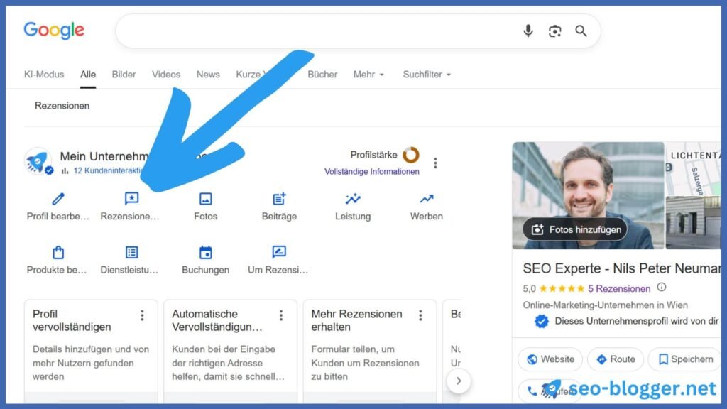 Markiert ist das Icon "Rezensionen" in einem Google Unternehmensprofil.