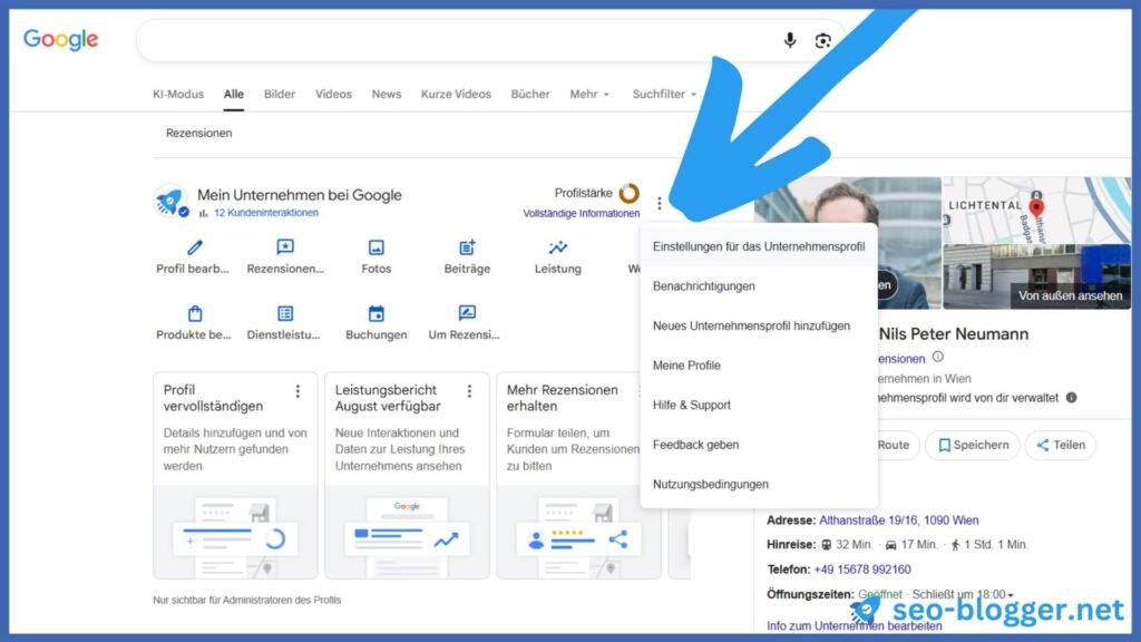 Markiert ist der Menüpunkt "Einstellunge für das Unternehmensprofil"