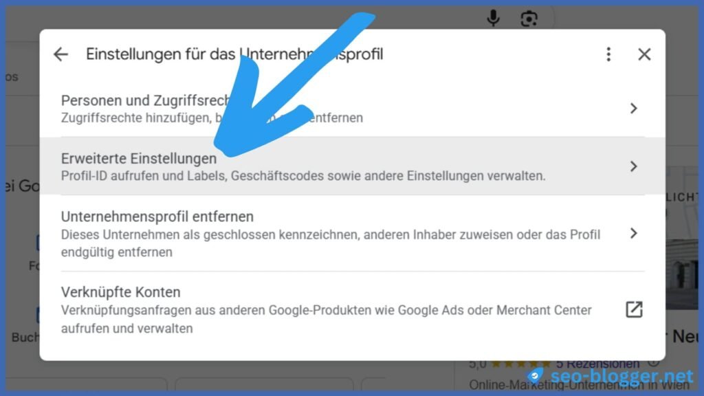 Markiert ist der Menüpunkt "Erweiterte Einstellungen"