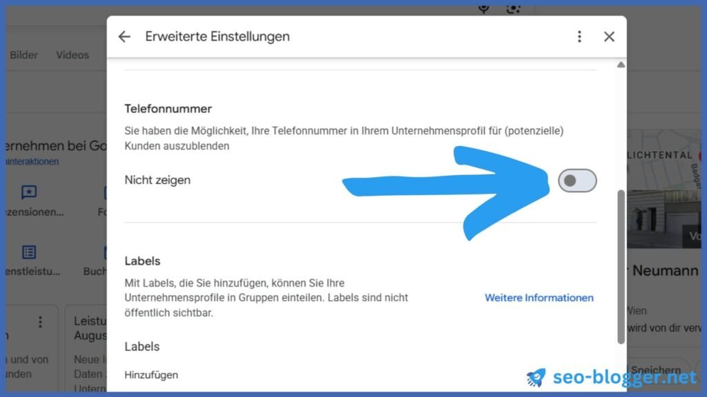 Markiert ist die Auswahl "Nicht anzeigen" unter Telefonnummer
