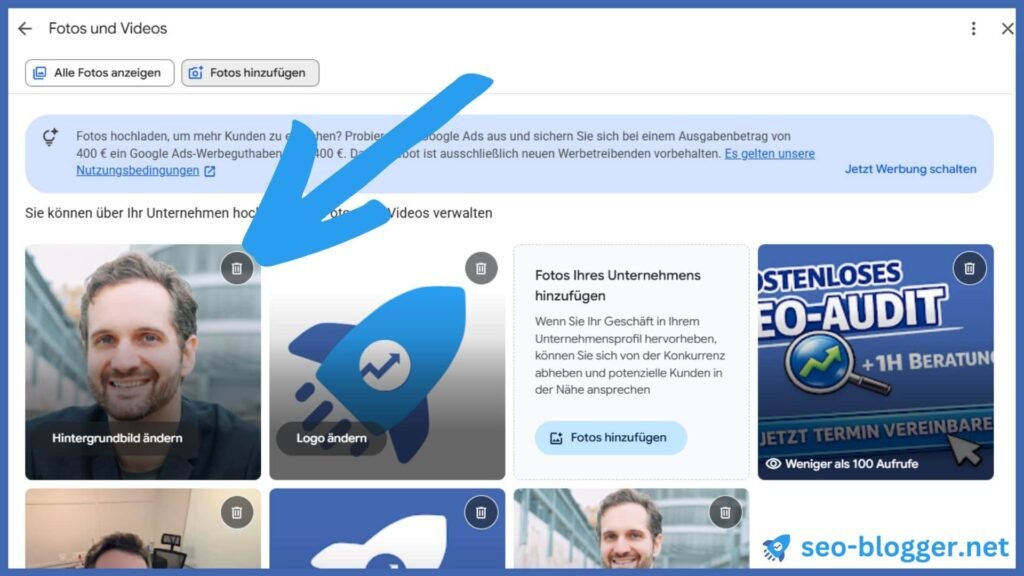 Markiert ist das Mülleimersymbol eines Fotos im Unternehmensprofil.