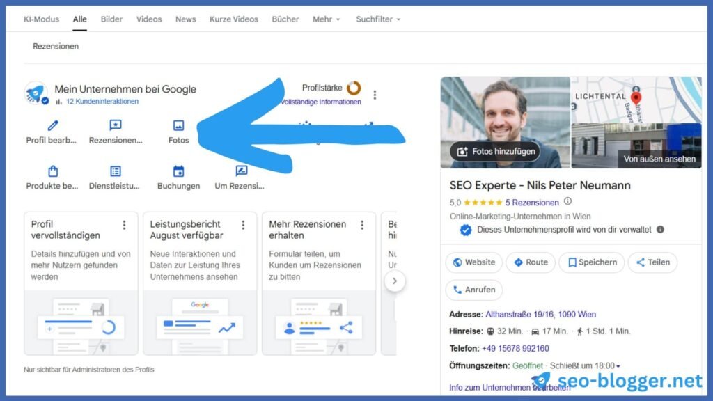 Markiert ist das Icon Fotos im Verwaltungsbereich eines Google Unternehmensprofils.