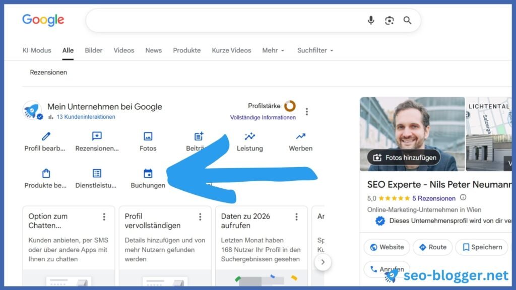 Markiert ist "Buchungen" im Dashboard des Google Unternehmensprofils.