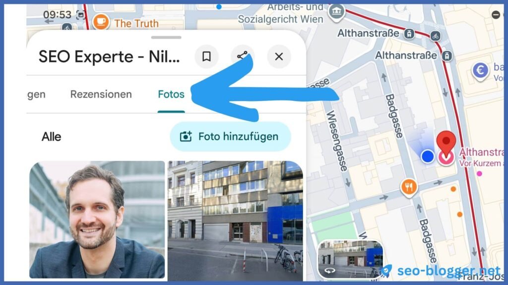 Markiert ist der Reiter "Fotos" eines Unternehmensprofils in der Google Maps-App.