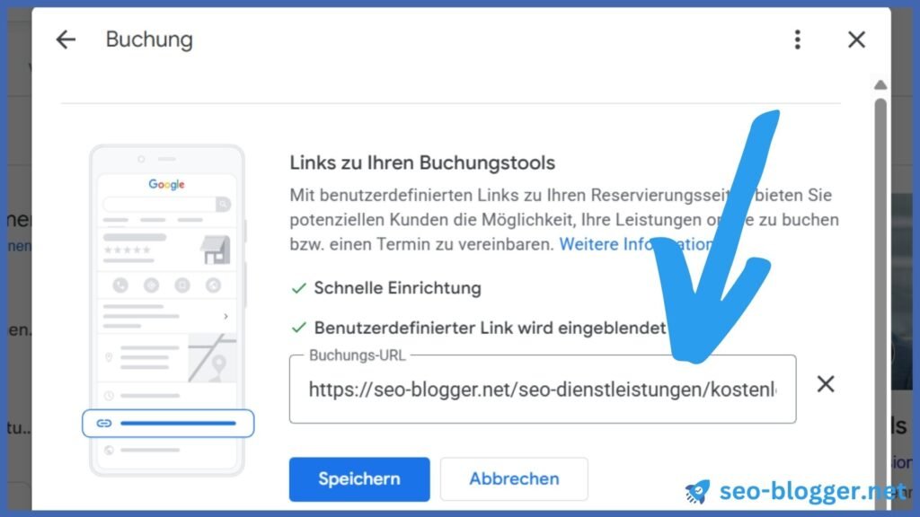 Markiert ist ein in das Textfeld eingefügter Link zu einer Buchungsseite.