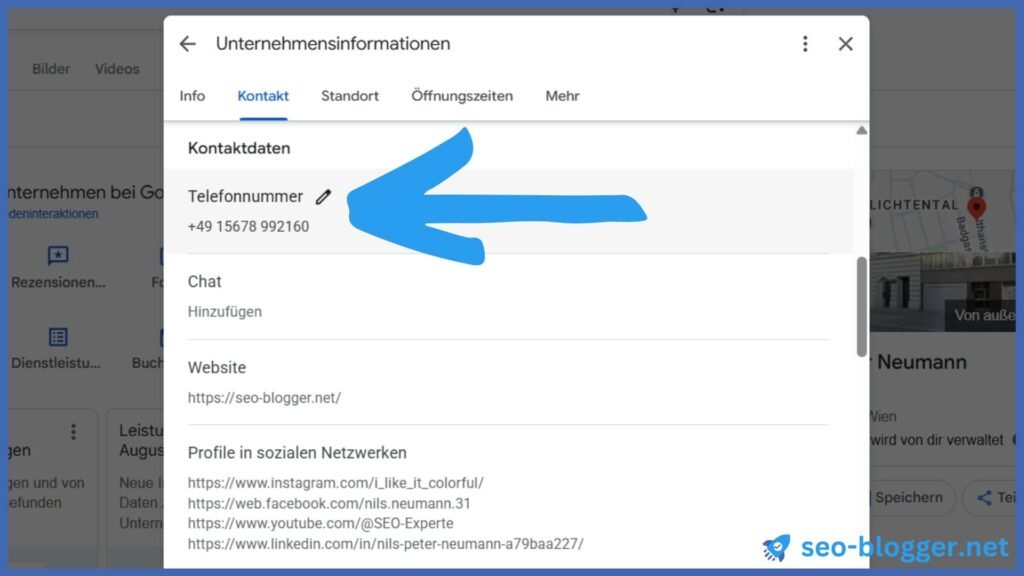 Markiert ist die Telefonnummer eines Google Unternehmensprofils unter "Profil bearbeiten".