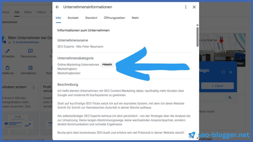 Markiert ist der bereich Unternehmenskategorien in dem Menü Unternehmensinformationen im Google Unternehmensprofil.
