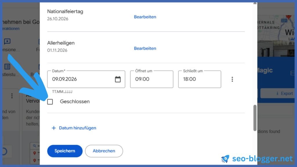 Markiert ist die Auswahl "Geschlossen" bei speziellen Öffnungszeiten in einem Google Unternehmensprofil.