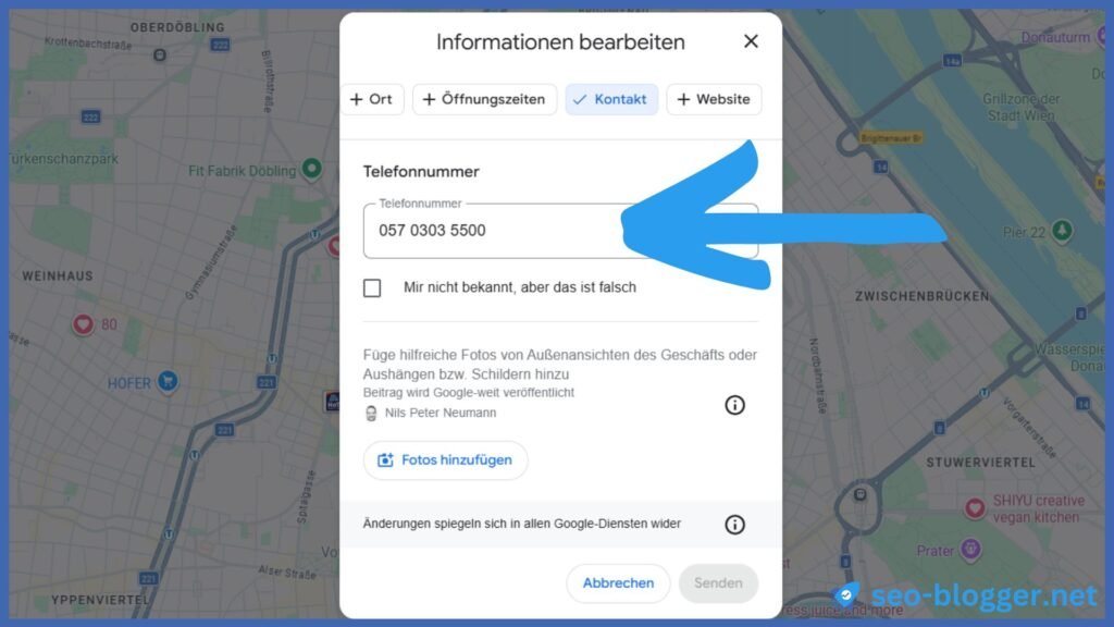 Markiert ist die Telefonnummer im Menü "Informationen bearbeiten"