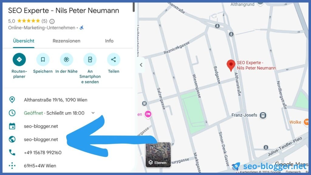 Markiert sind die Kontaktmöglichkeiten (Terminbuchung, Website, Telefonnummer) im Google Unternehmensproifl von Nils Peter Neumann.