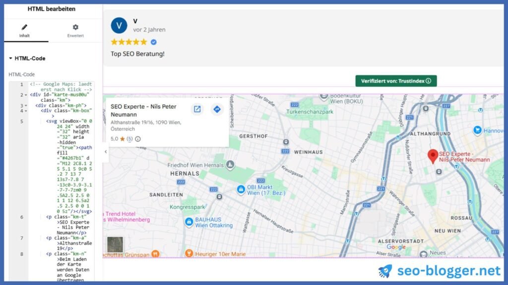 Der Eingefügte Code zu Einbettung der Google-Maps-Karte im Page Builder. Die Google Maps Karte wird im Page Builder angezeigt.