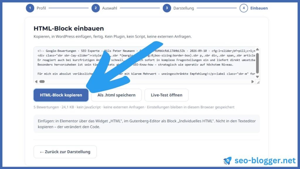 Markiert ist der Button "HTML-Code kopieren" von diesem Tool.