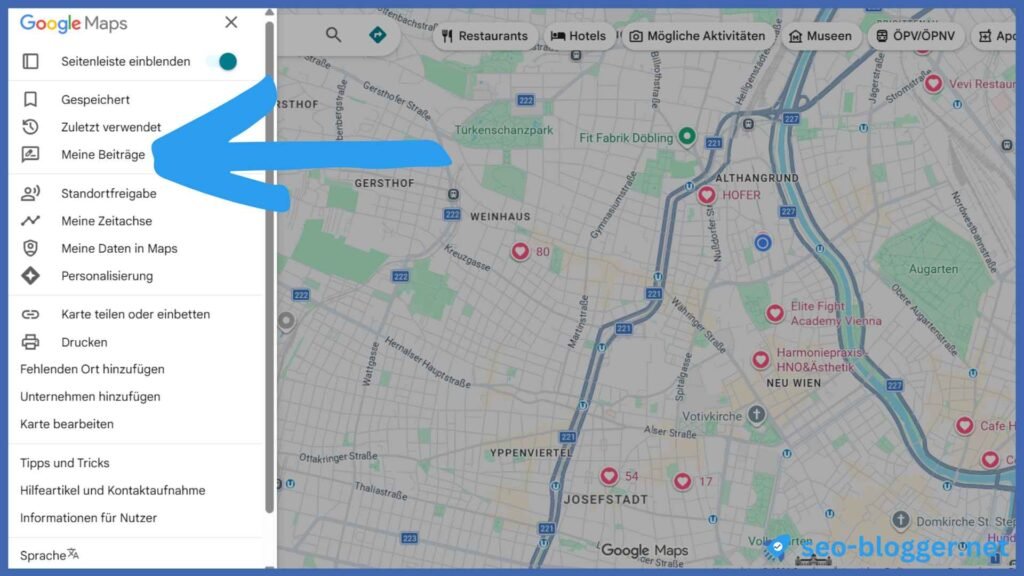 Markiert ist der Menüpunkt "Meine Beiträge" in Google Maps.
