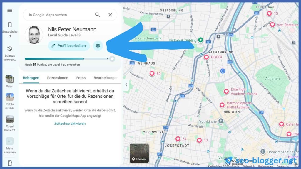 Markiert ist das Zahnradsymbol neben dem Profilbild in Google Maps.