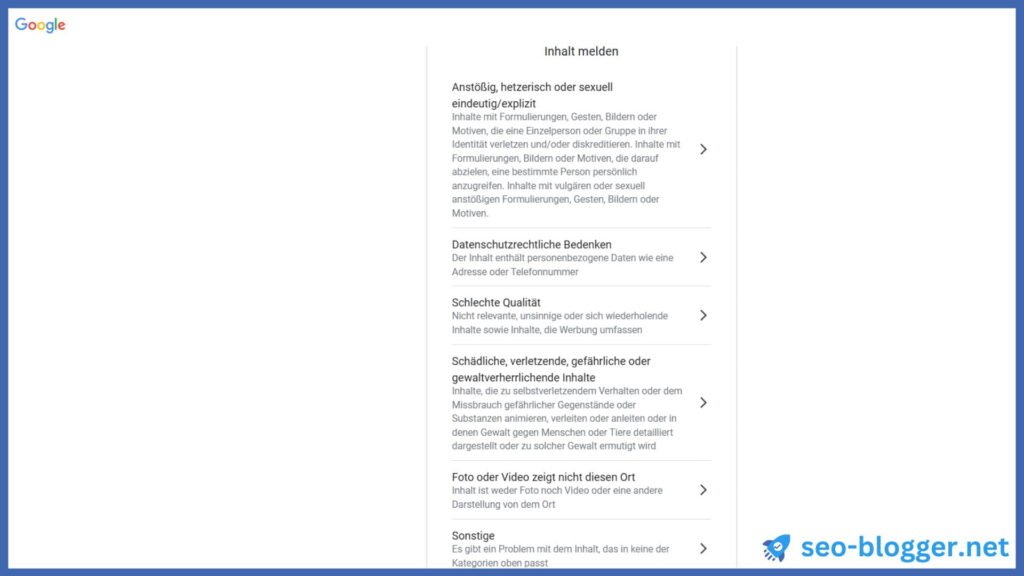 Screenshot des Menüs "Inhalt melden"