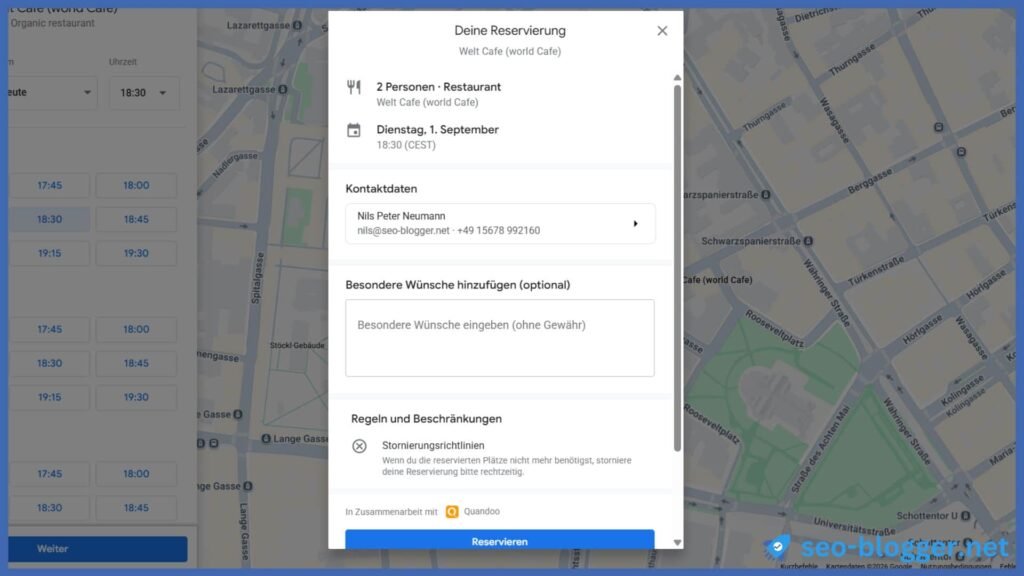 Bestätigung der Tischreservierung.