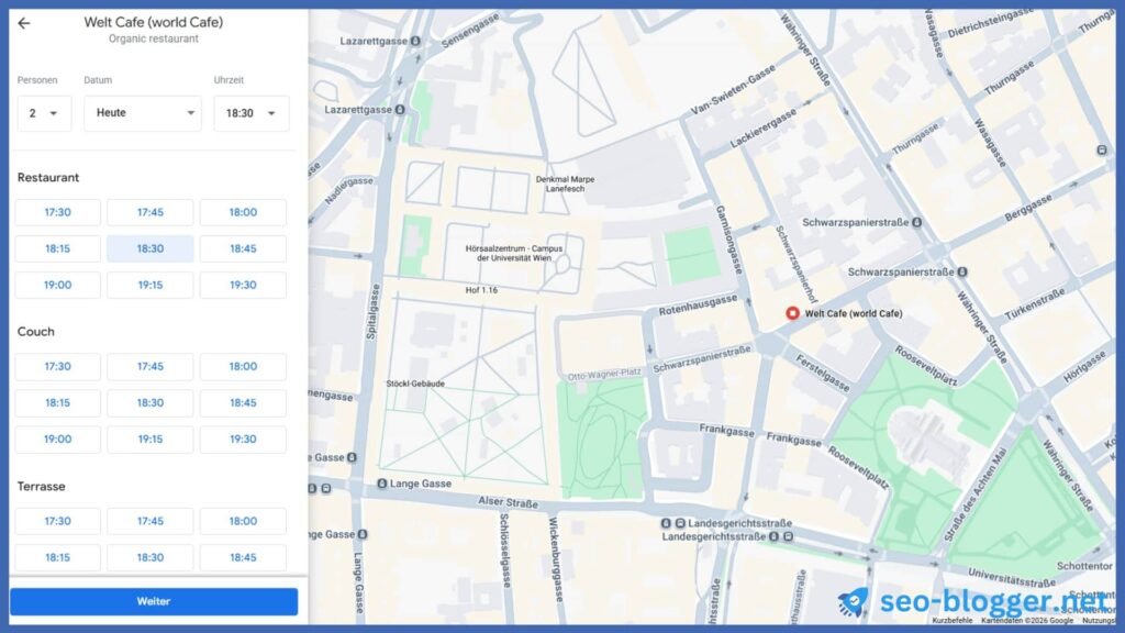 Auswahl der Uhrzeit einer Tischreservierung über Google.