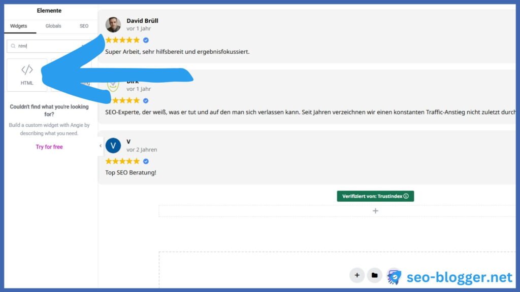 Markiert ist das HTML-Widget in Elementor auf einer WordPress-Website.