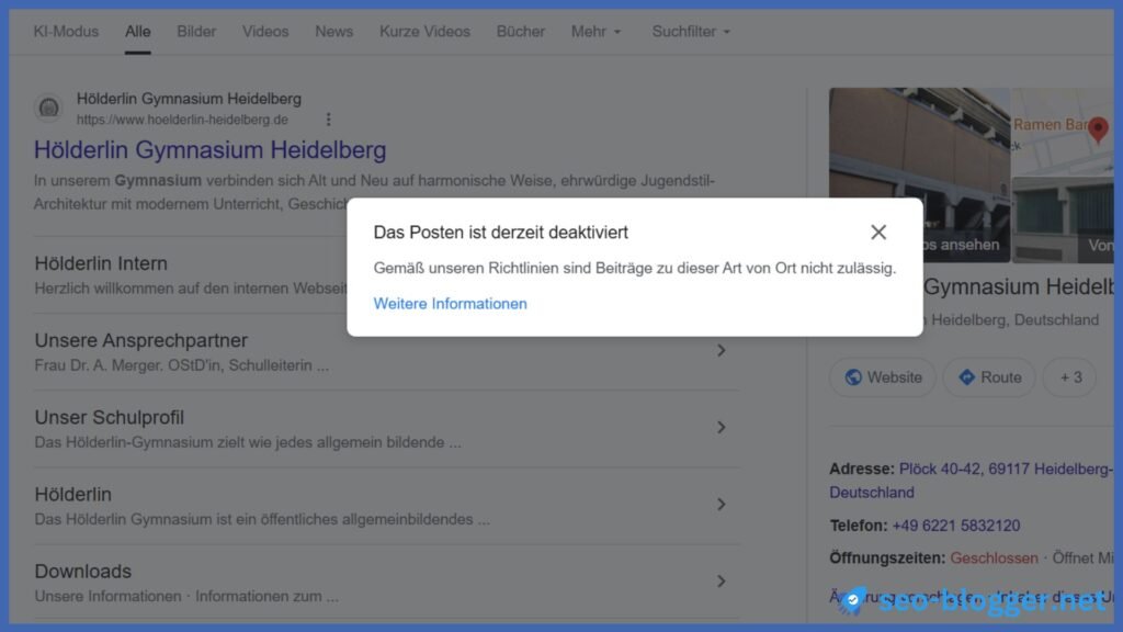 Screenshot der deaktivierten Bewertungsfunktion eines Gymnasiums auf Google.
