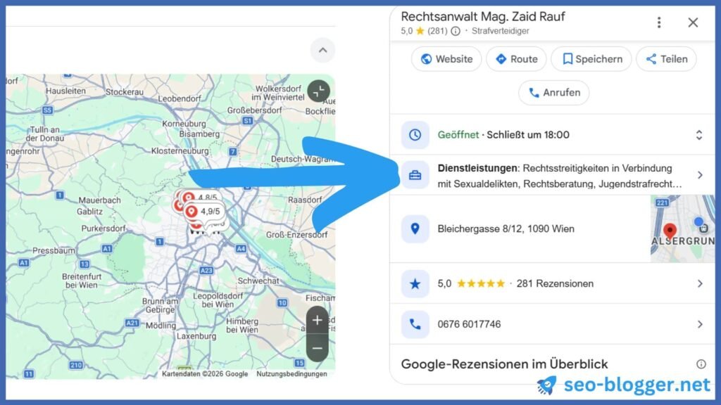 Markiert sind die Dienstleistungen eines Anwalts auf Google Maps.
